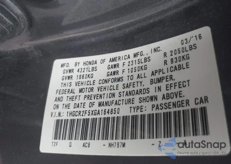 2016 Honda Accord Sport from USA, damaged, VIN 1HGCR2F5XGA164850
